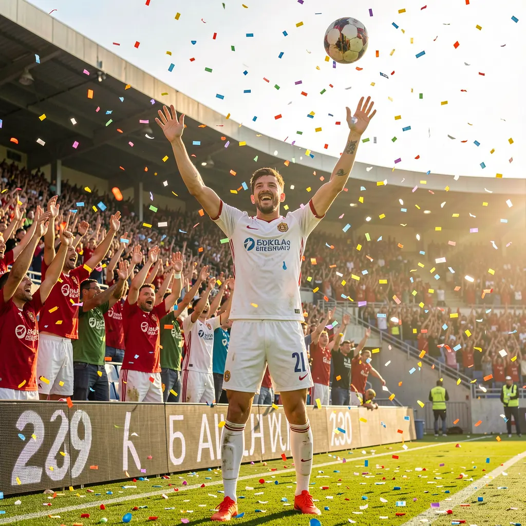 OMG67 Bet – Join the excitement of winning soccer bets in Malaysia Professional soccer player celebrating a goal with raised arms in a packed stadium symbolizing big match moments and winning bets on OMG67
