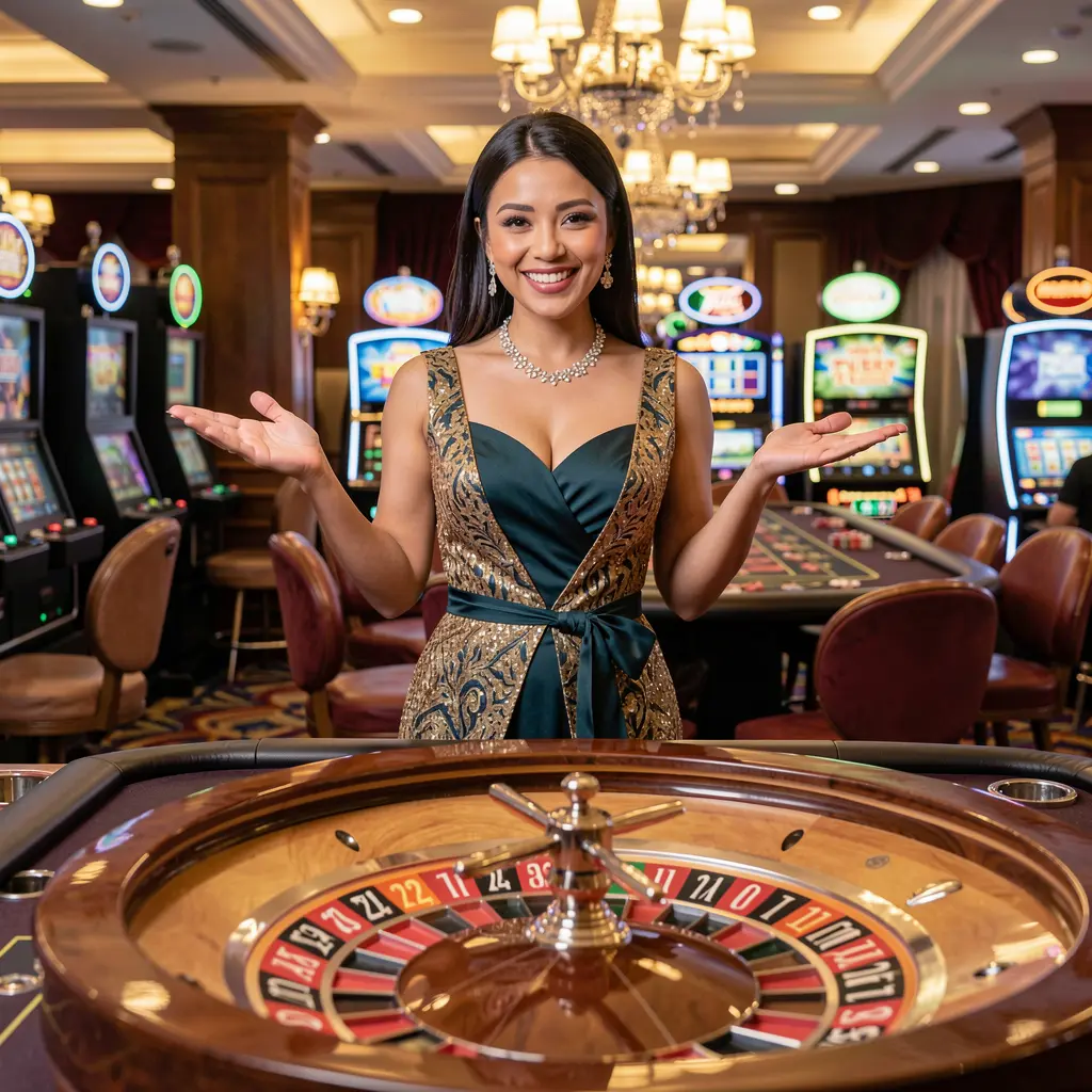 Wanita anggun dalam gaun merah glamor di sebelah mesin slot bercahaya dengan angka tujuh bertuah dan lampu kasino yang mewakili permainan premium di OMG67 Malaysia OMG67 – Alami rolet langsung premium dengan pengedar profesional di Malaysia