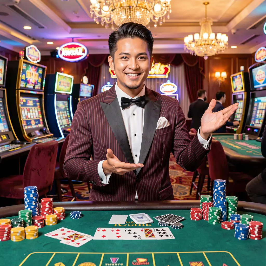 OMG67 Login – Easy sign in to your casino account and start playing in Malaysia Smiling live casino dealer at a blackjack table with colorful chips and cards inviting players to sign in on OMG67 in Malaysia
